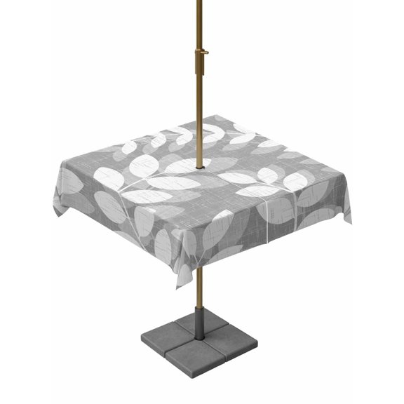 Outdoor Tablecloth with Umbrella Hole and Zipper Grey Leaf Branches Square Tablecloths 54x54 Inch Waterproof Table Cloths Linen Leaves Plant Patio Table Cover for Outdoor Tables BBQS Party Decor