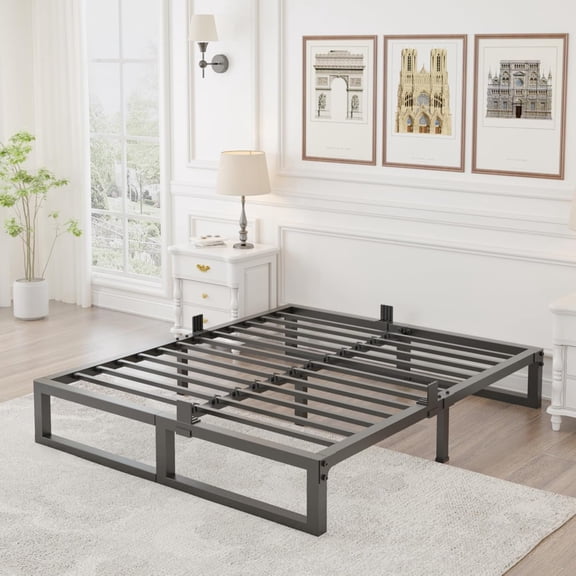 King Size Bed Frame Low Profile Metal Platform with Mattress Stopper, Heavy Steel Slats Support, No Box Spring Needed, Noise Free, Non-Slip, Easy Assembly