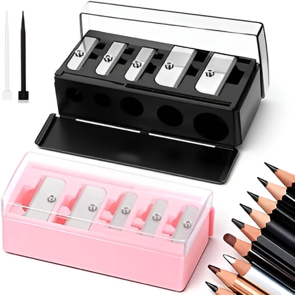 EXLEAF 2 Pack 5 Hole Cosmetic Long Point Pencil Sharpener Eye Pencil Sharpener Makeup Eyeliner Pencils Sharpeners with Plastic Lid Cosmetic Manual Tools for Eyeliner Eyebrow Pencils(Black,Pink)