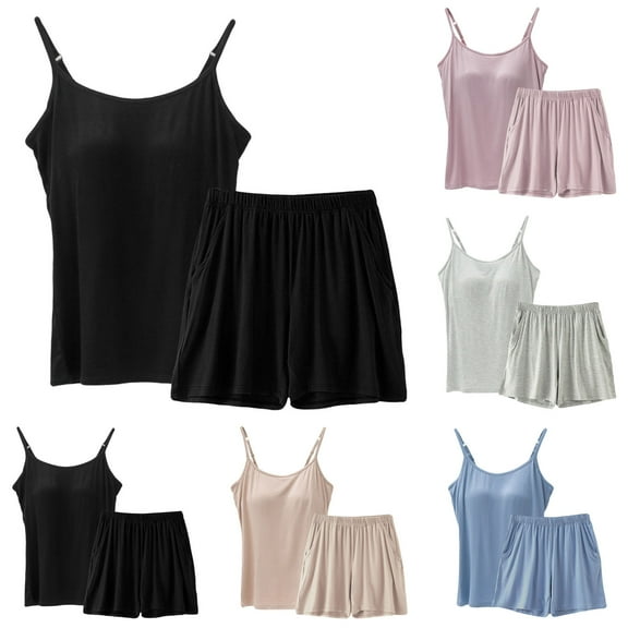 Hrsba Sleeveless Cami Tops with Built in Bra and Pocket Shorts Solid Color 2 Piece Outfits for Women Summer Loungewear