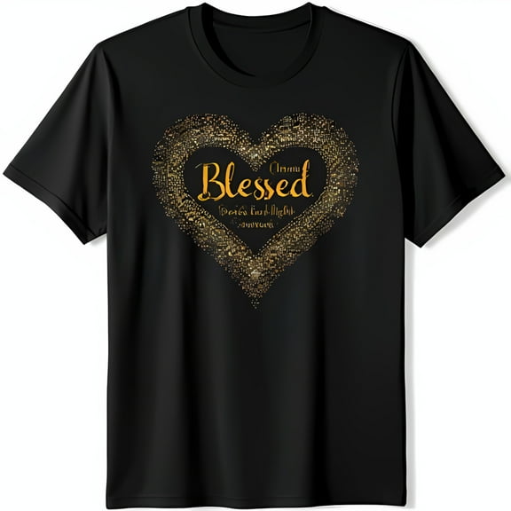 Black Short Sleeve T-Shirt with Glitter Gold Heart & Blessings Graphic