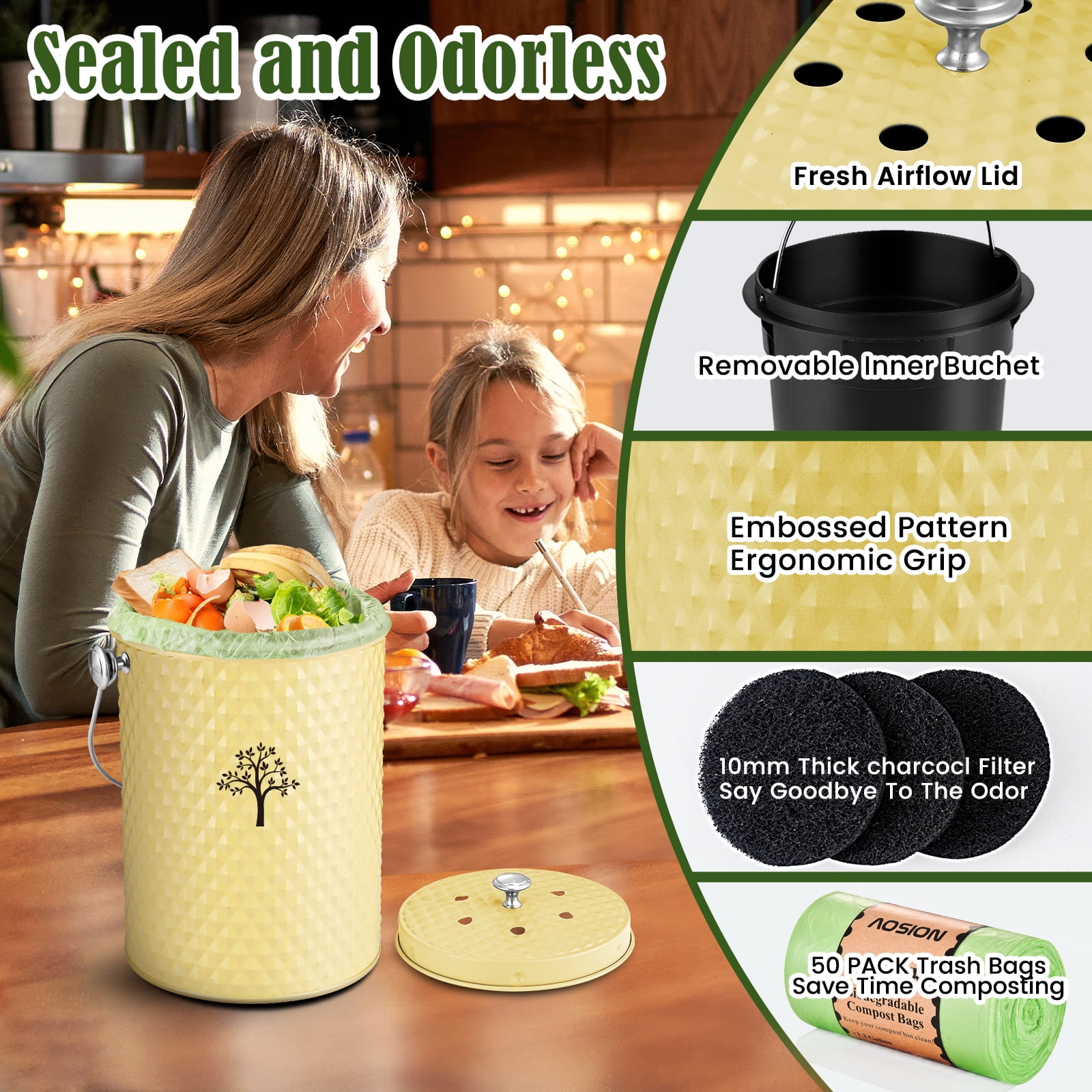 Countertop Compost Bin Kitchen,Odor Resistant Indoor Compost Bin with Lid and Compost Bags,Compost Bucket Composter Container for Food Waste,Yellow