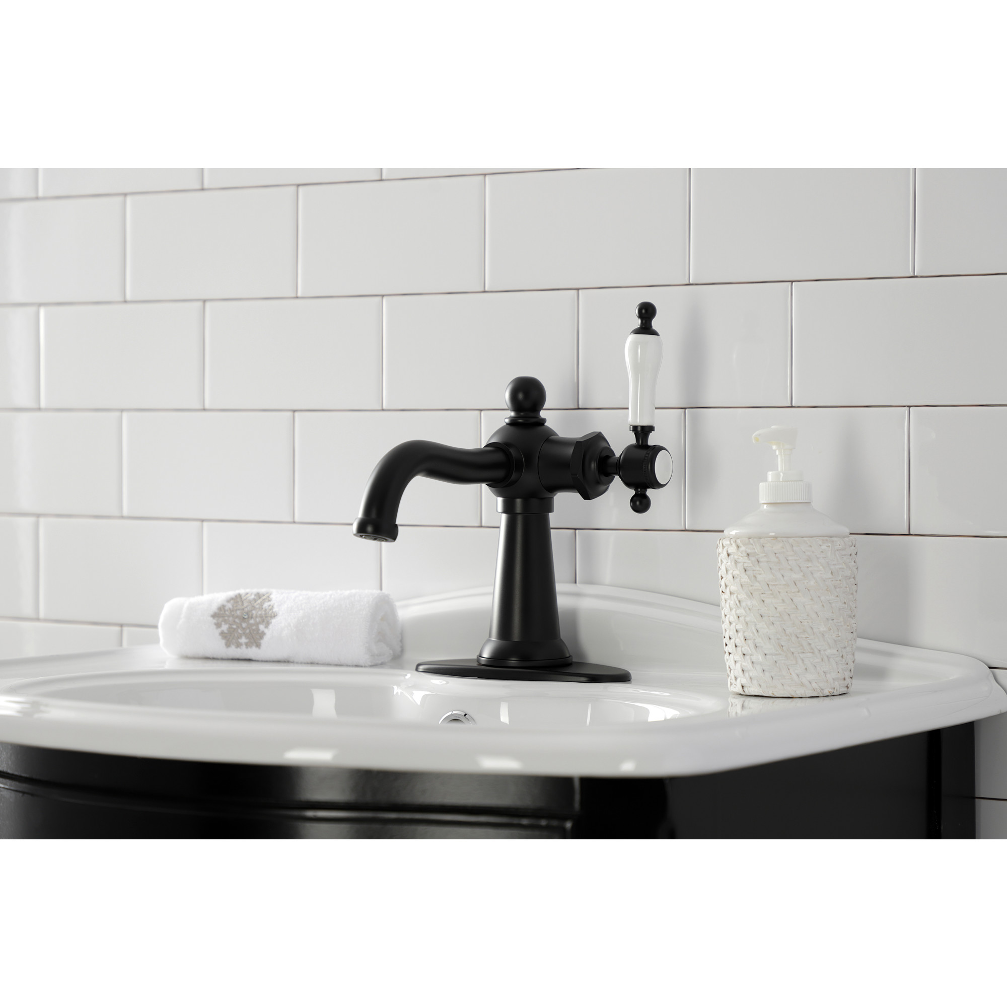 Kingston Brass KSD154KLMB Nautical One-Handle Single-Hole Bathroom Faucet with Deck Plate and Push Pop-Up Drain, Matte Black
