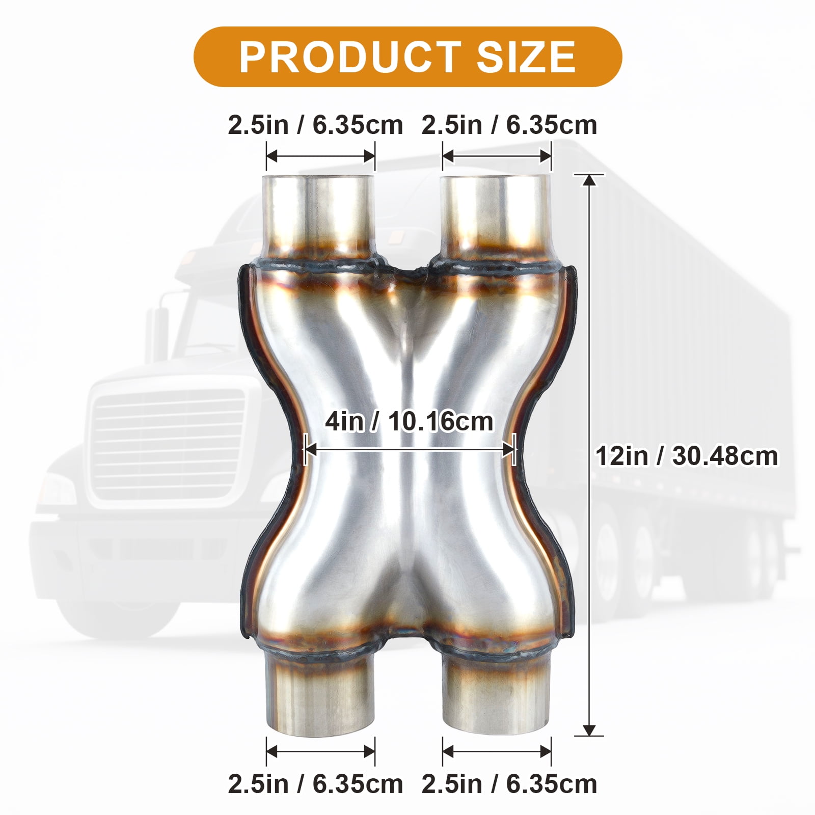 Exhaust X Pipe, Universal 2.5" Dual Inlet/Outlet Stainless Steel Crossover X Pipe 12" Long