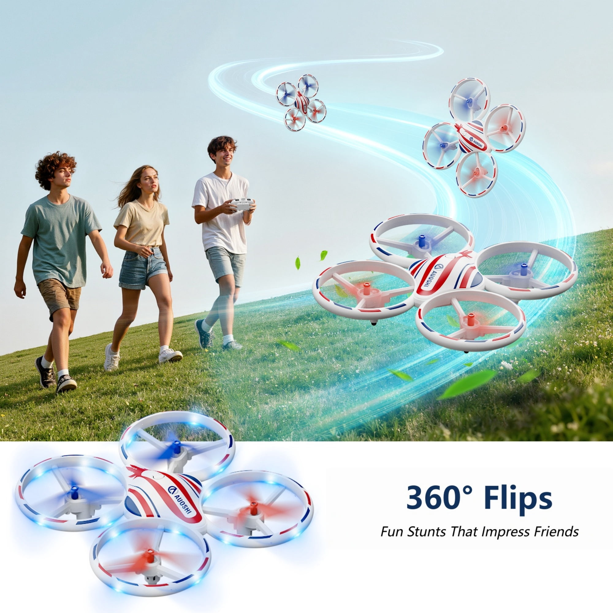 AUOSHI LED Stunt Drone with 360° Flips, Drift & 3 Speed Modes,Colorful Lights,Protective Guard,One-Key Takeoff/Landing/Return,Optical Flow Hover,2 Batteries,Fun Gift for Kids,Teens,Adults & Beginners