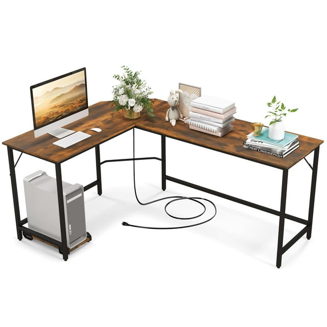 Costway Bureau de Jeu en Forme de L avec Support CPU et Prises Électriques Brun Rustique