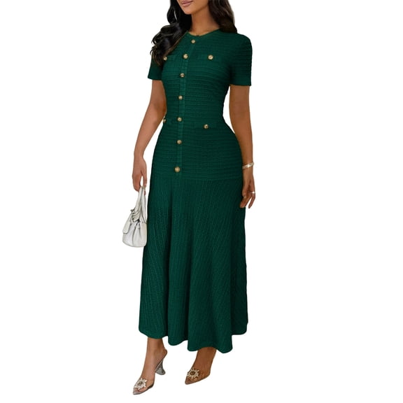 Women'S Crew Neck Dress Button Down Dresses Long Bodycon Knit Dress Dark Green S