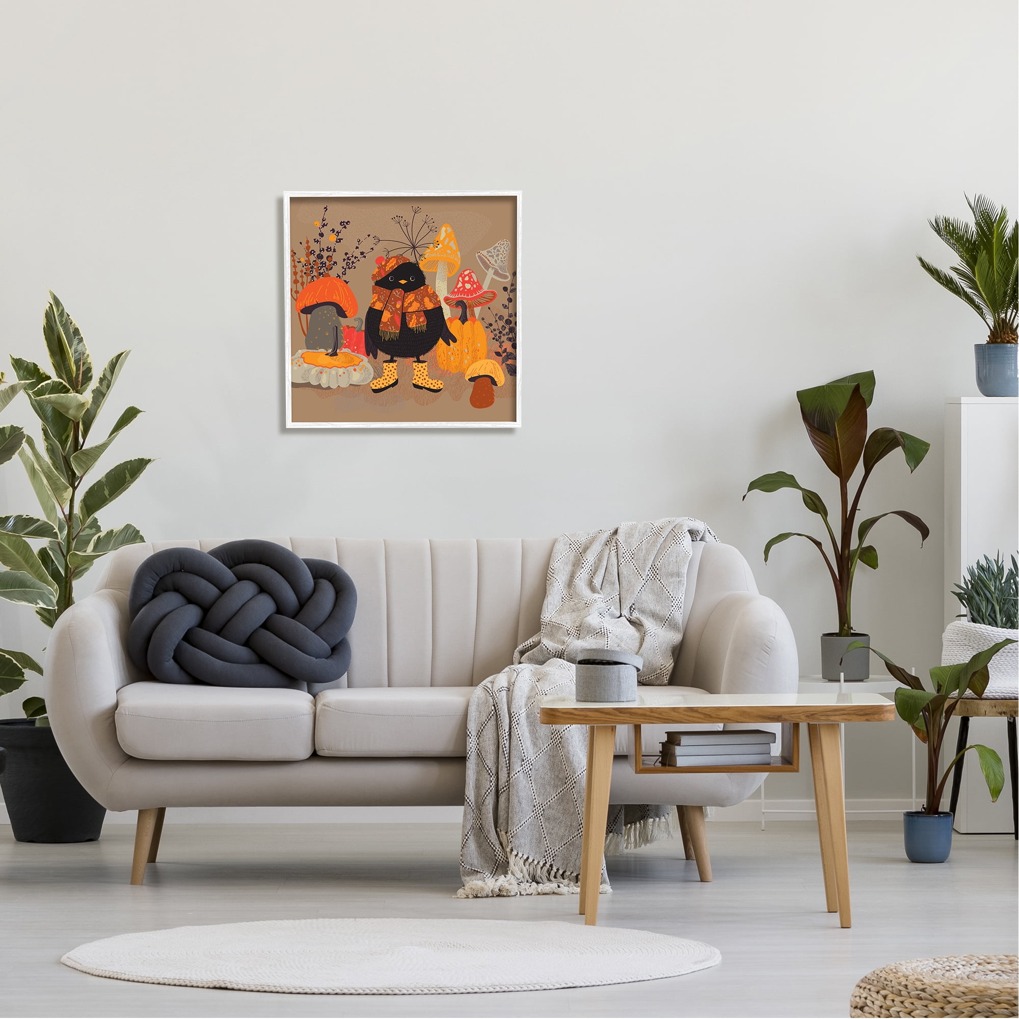 Stupell Industries Cozy Crow with Mushrooms Animals & Insects Painting White Framed Art Print Wall Art, 24 x 24