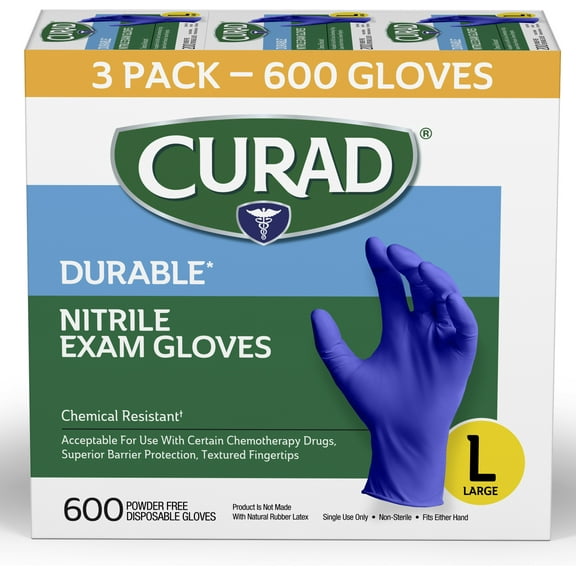 CURAD Nitrile Exam Gloves, Durable, Powder Free, Chemical Resistant, Large, 600 Count, Color May Vary