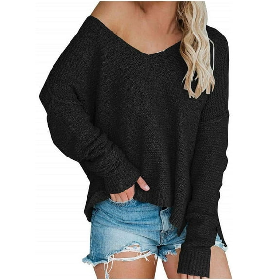 Odeerbi Off The Shoulder Knit Sweaters For Women Winter Loose V Neck Sweater Tops 2024 Fashion Long Sleeve Comfortable Large Pullover Sweater Top Black