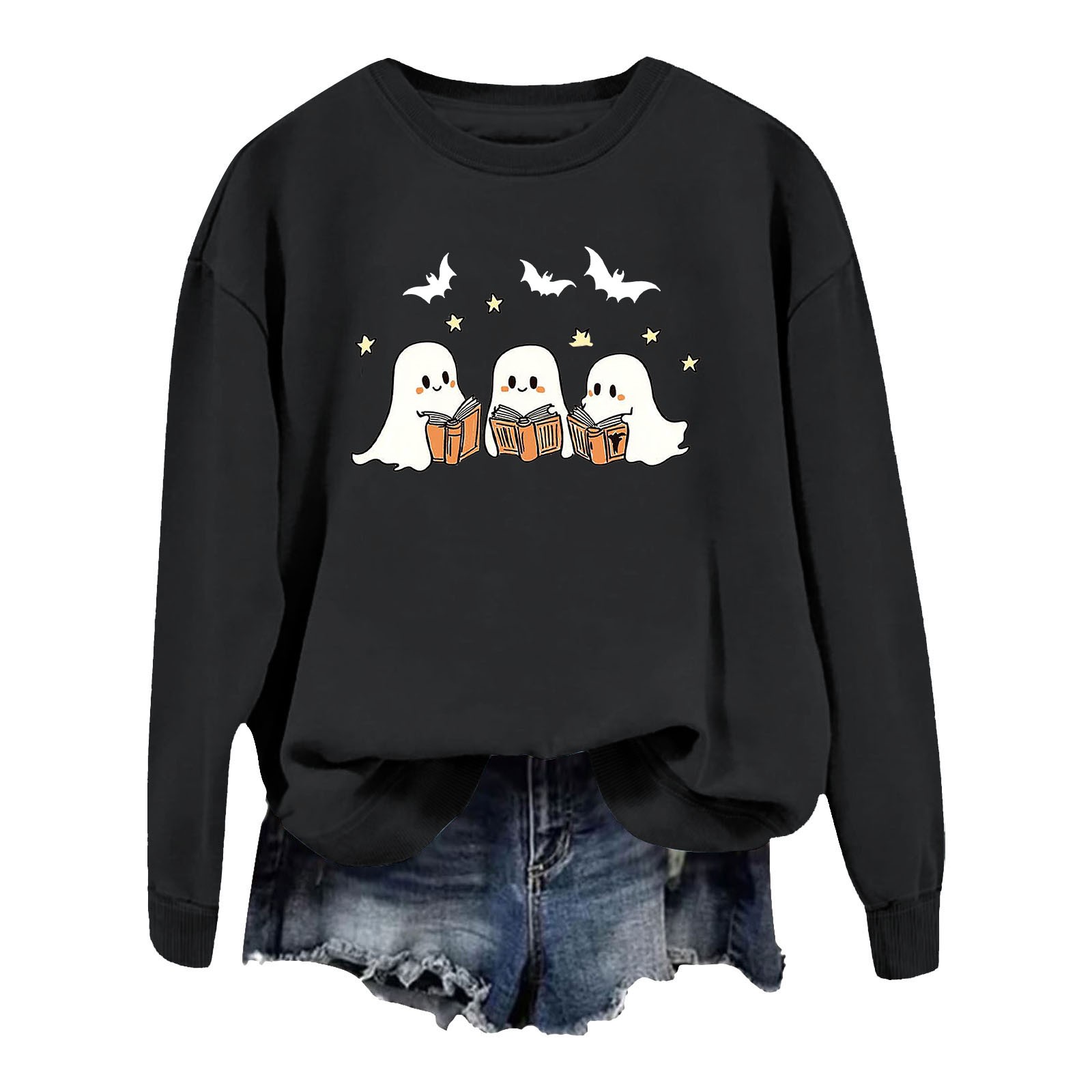 Sweat-shirt Halloween Femme - Sans Capuche, Motif Fantôme Citrouille, Manches Longues, Col Rond, Laine Douce