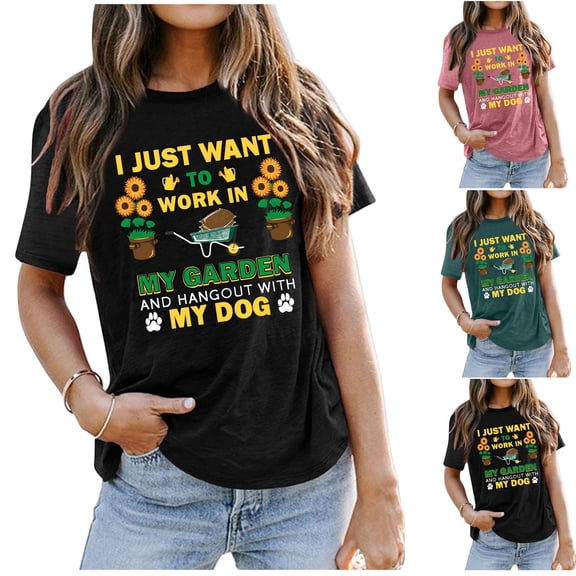 KDFJPTH Women's T Shirts Fashion Tops Summer Gardening Dog Lover Print Short Sleeve Casual Crew Neck Vacation Tees Black L