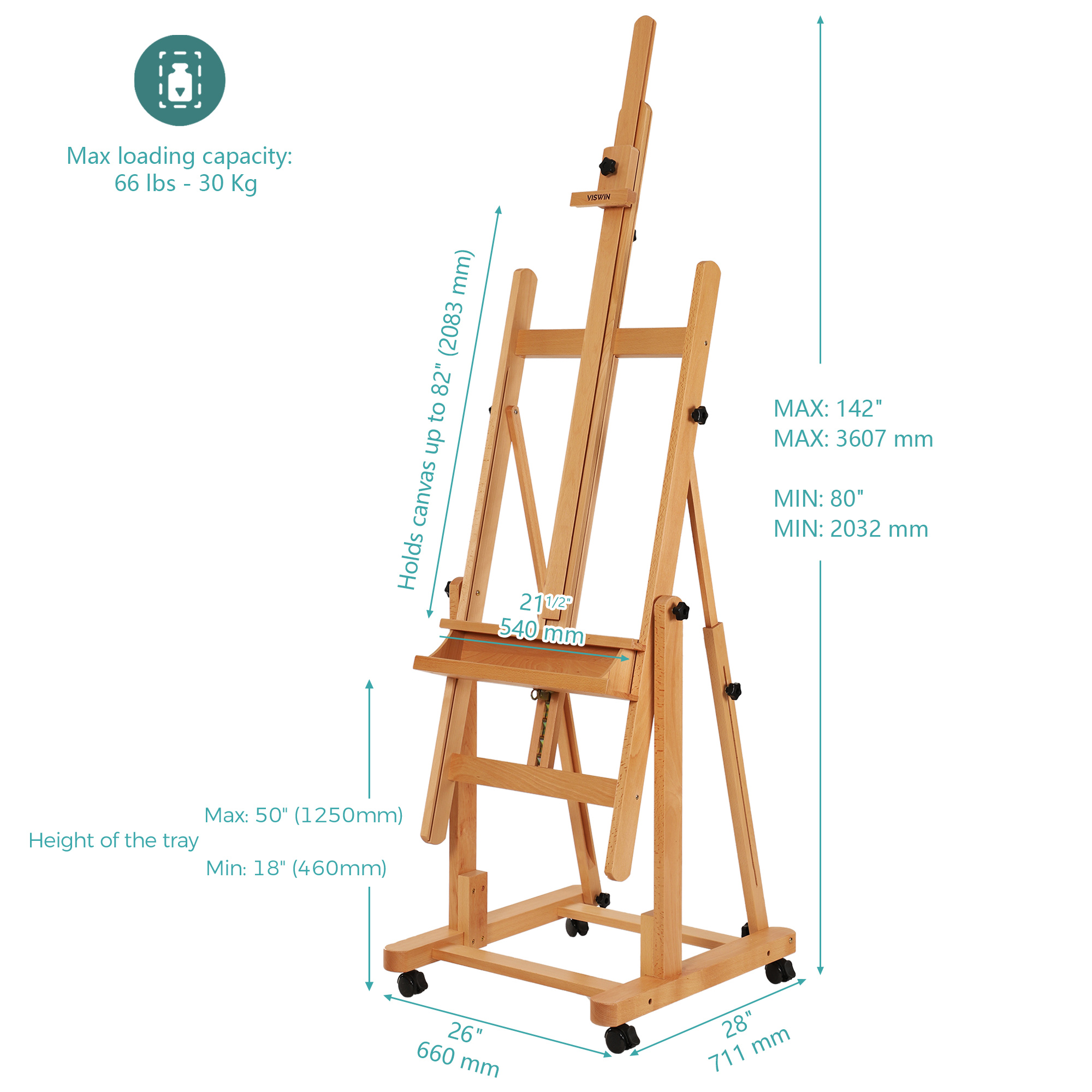VISWIN Heavy-Duty Extra Large Wood H Frame Easel, Hold Canvas to 82"-Natural