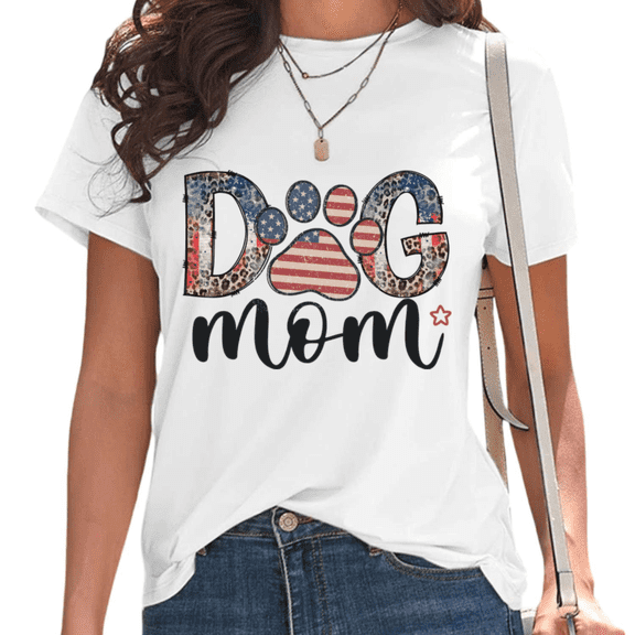 White USA Flag Leopard Print Dog Mom Paw Print Tshirt Graphic Tees Shirts Patriotic Pet Lover 4th of July Gift Casual Tops S-5XL