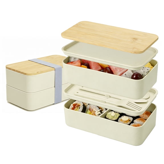 2 Layer Stackable Bento Box, 1200ml 40oz Leak Proof Lunch Container with Bamboo Lid and Utensils, BPA Free Portable Food Box for Adults Kids Work School Picnic Camping