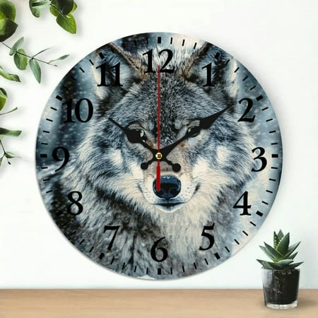 ZFLMY Wolf Snow Trees Round Wooden Wall Clock, Silent Mechanical Movement Battery Operated, Perfect for Living Rooms, Kitchens, Dorms, 10-Inch, Easy-to-Read Decor 10x10in