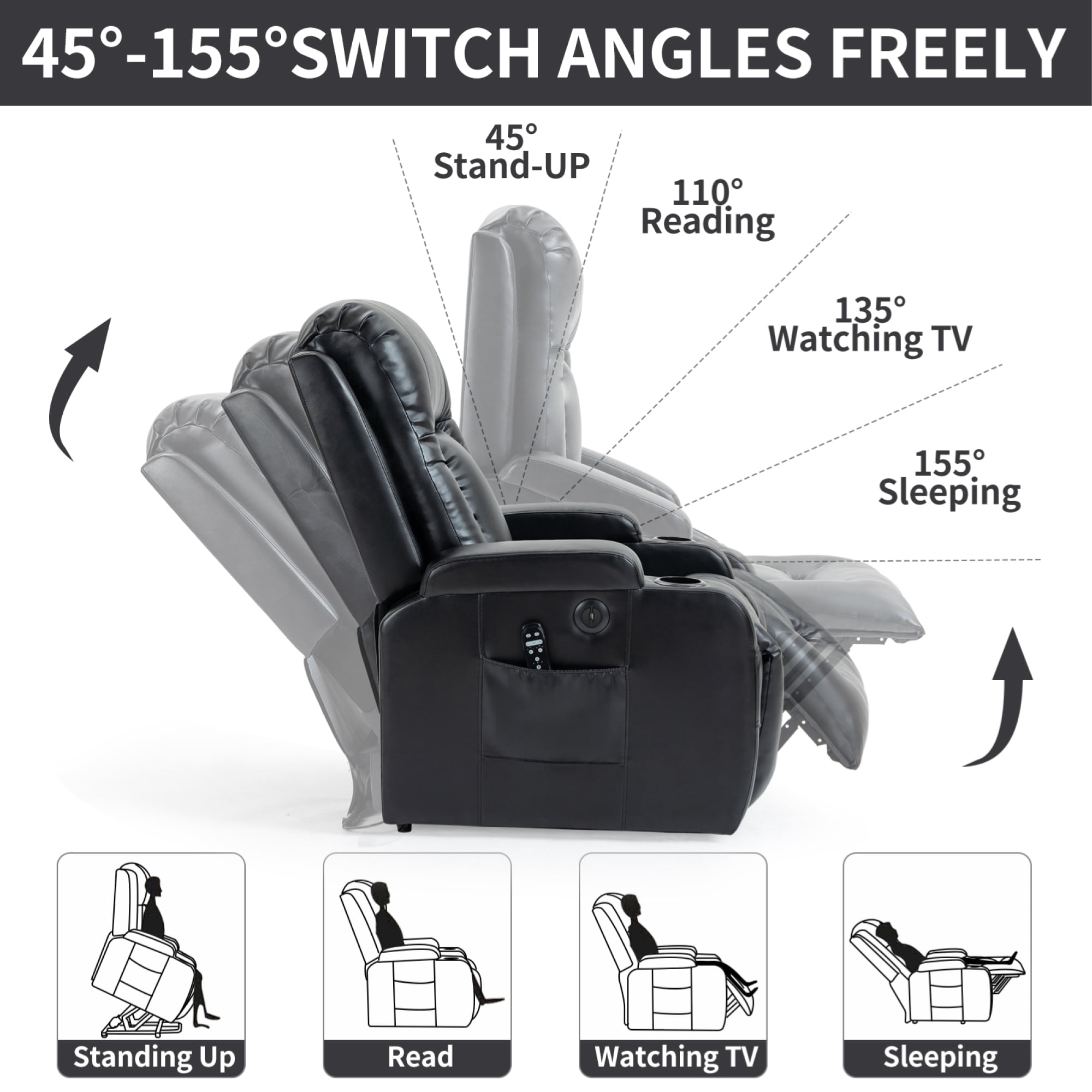 Power Lift Recliner Chair for Elderly,Heavy Duty Infinite Position Recliner Chair with 8-Point Vibration Massage and Lumbar Heating,USB Charging Port, Cup Holders,Black