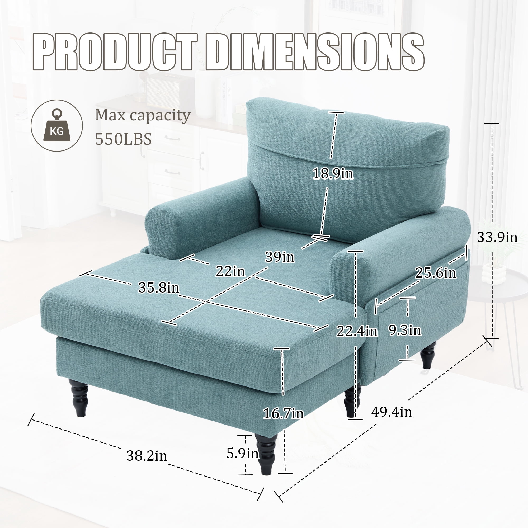 MOONMISS Chenille Upholstered Wood Frame Recliner Single Sofa with Comfortable Backrest and Armrests-Mint Green