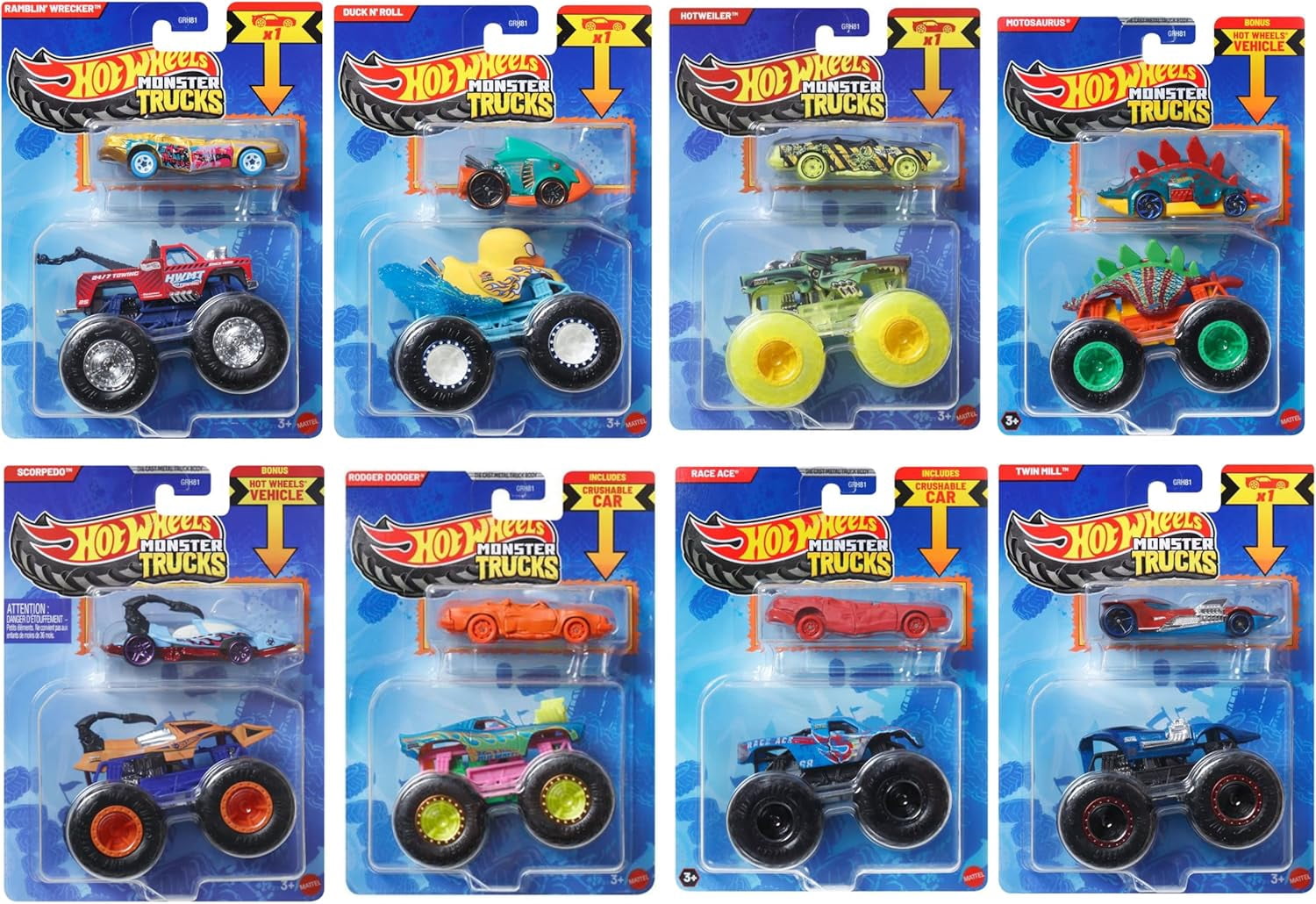 Hot Wheels Monster Trucks 8-Pack with Bonus Cars, GRH81-999R Bundle, Ages 3+