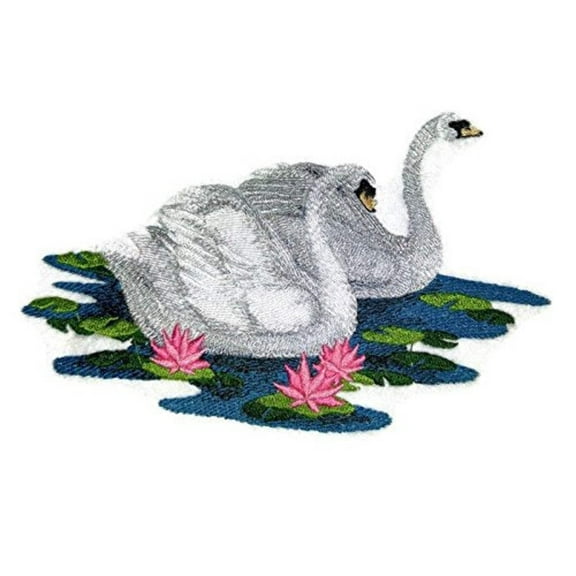 Swimming Swan Pair Embroidered Iron on/Sew patch [5" X 7"]