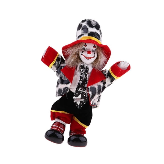 MANNYA 7in Porcelain Circus Clown Figurine with Colorful Costume & Glossy Finish for Desktop Shelf Display Decoration