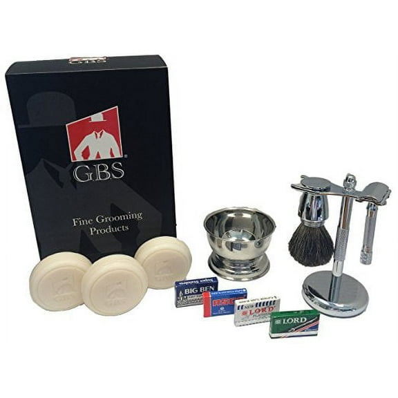 GBS Gift Set - Comes with Gift Box - Merkur 23 Safety Razor, Pure Badger Shaving Brush, Brush and Razor Stand, Chrome Bowl, GBS Shaving Soap, and 25 Blades!
