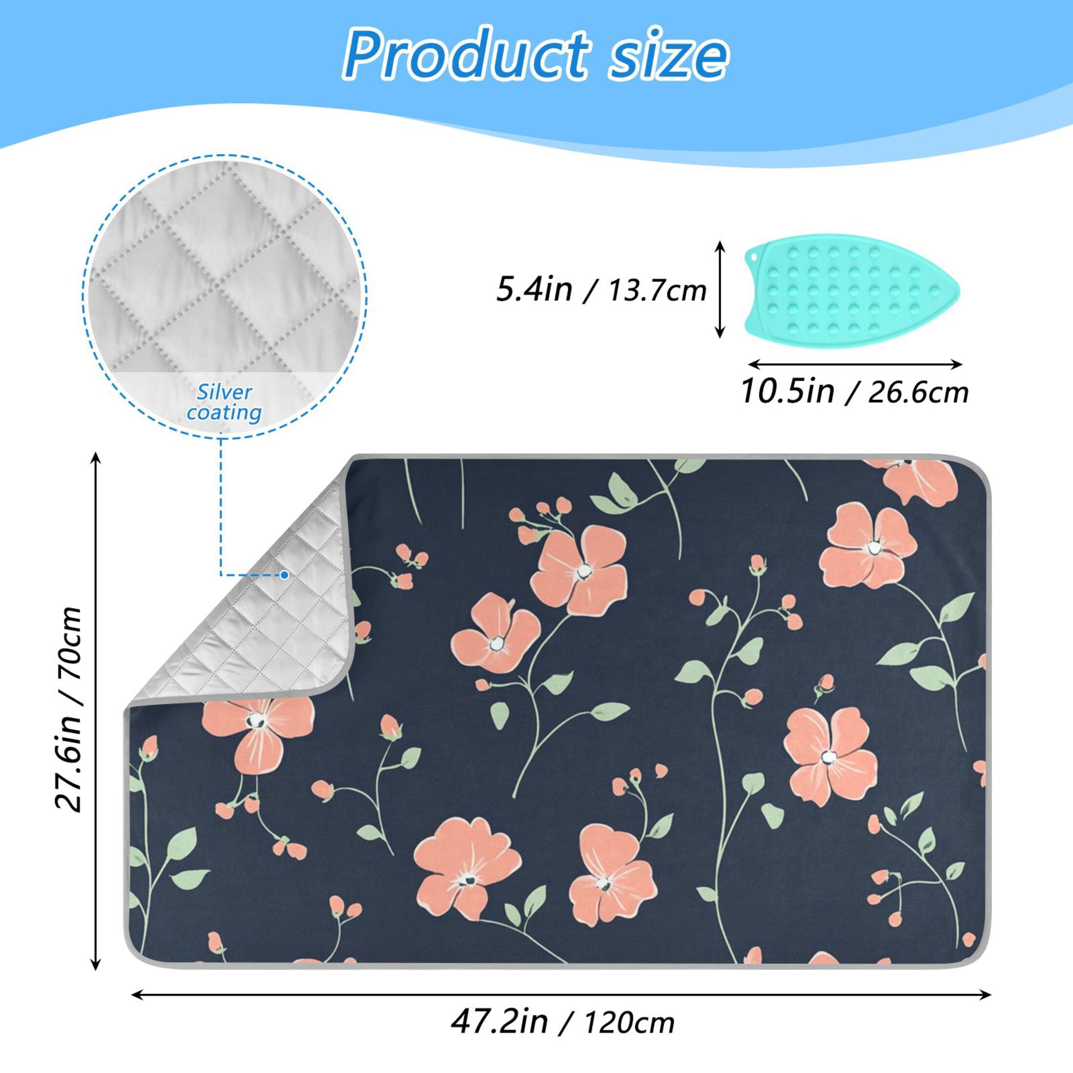 Elegant Small Flowers with Leaves Ironing Mat Blanket Portable Travel Ironing Pad Heat Resistant Pad 47.2" x 27.6”