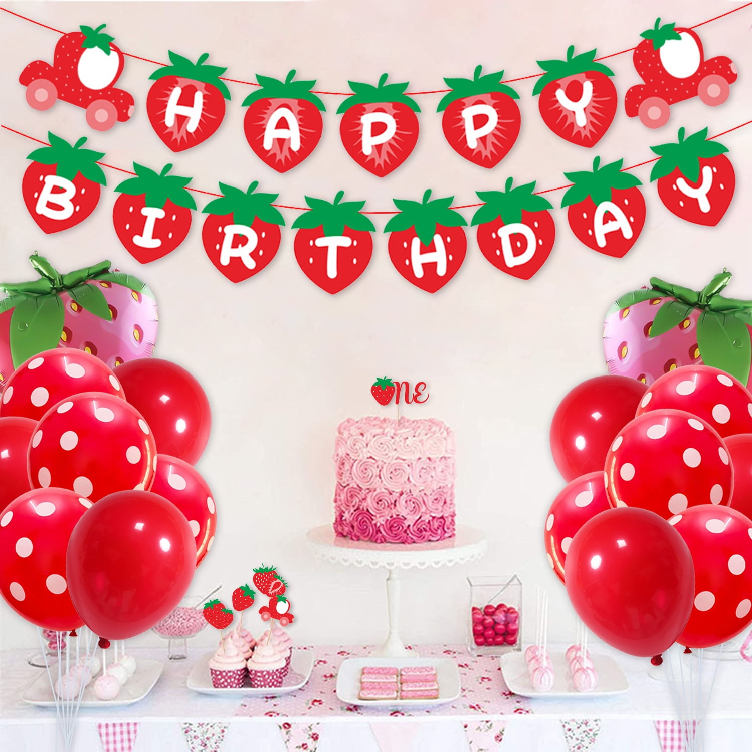 1st Birthday Party Decoration for Girl, Strawberry Happy Birthday