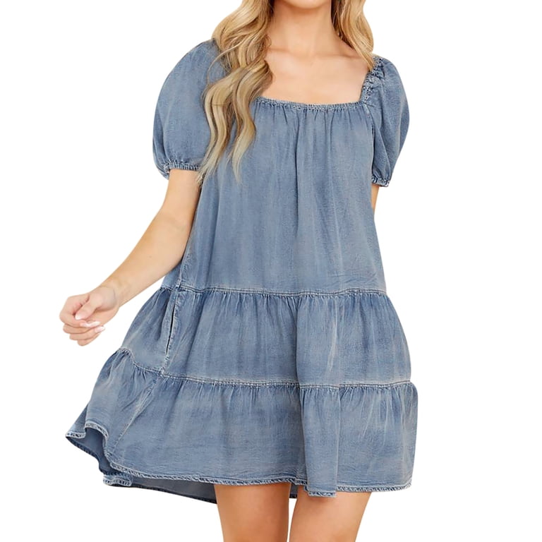 Blvb Denim Dress for Women Square Collar Short Sleeve Babydoll Ruffle Tiered Dress Casual Loose Fit Swing Summer Mini Dress, Women's, Size: XL, Blue