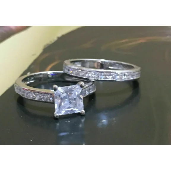 14K White Gold Plated Princess Cut Simulated Diamond Engagement & Wedding Ring Set