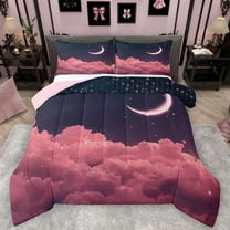 Feelyou Romantic Pink Cloud Bedding Comforter Set, Mystic Galaxy Moon Twin Comforter Sets, Glitter Dreamy Stars Print Reversible Bedding Set, Super Cozy Room Decor, 2pcs