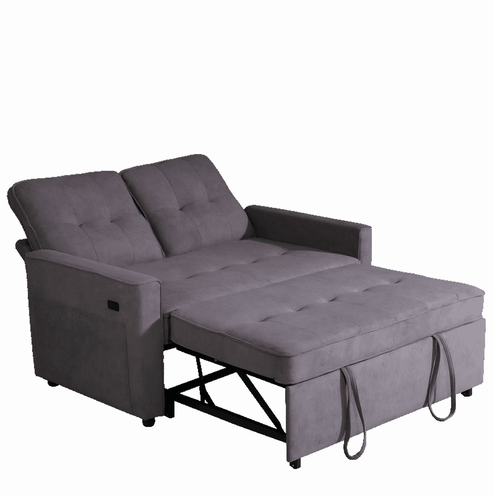 Gewnee 53" Sofa Bed, 3 in 1 Convertible Loveseat Sleeper Sofa, Pull Out Couch with USB Port, Futon Sofa Bed with Storage Pockets for Small Spaces, Teddy Fabric,Light Gray