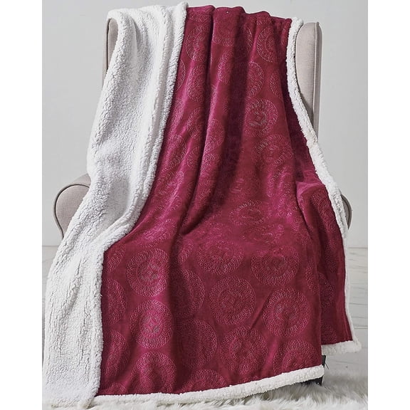 Faith, Hope, Love Home Décor Bon Iver Collectionextra Soft Mandala Embossed Microplush Throw Blanket With Sherpa Backing (50" X 60") - Burgundy