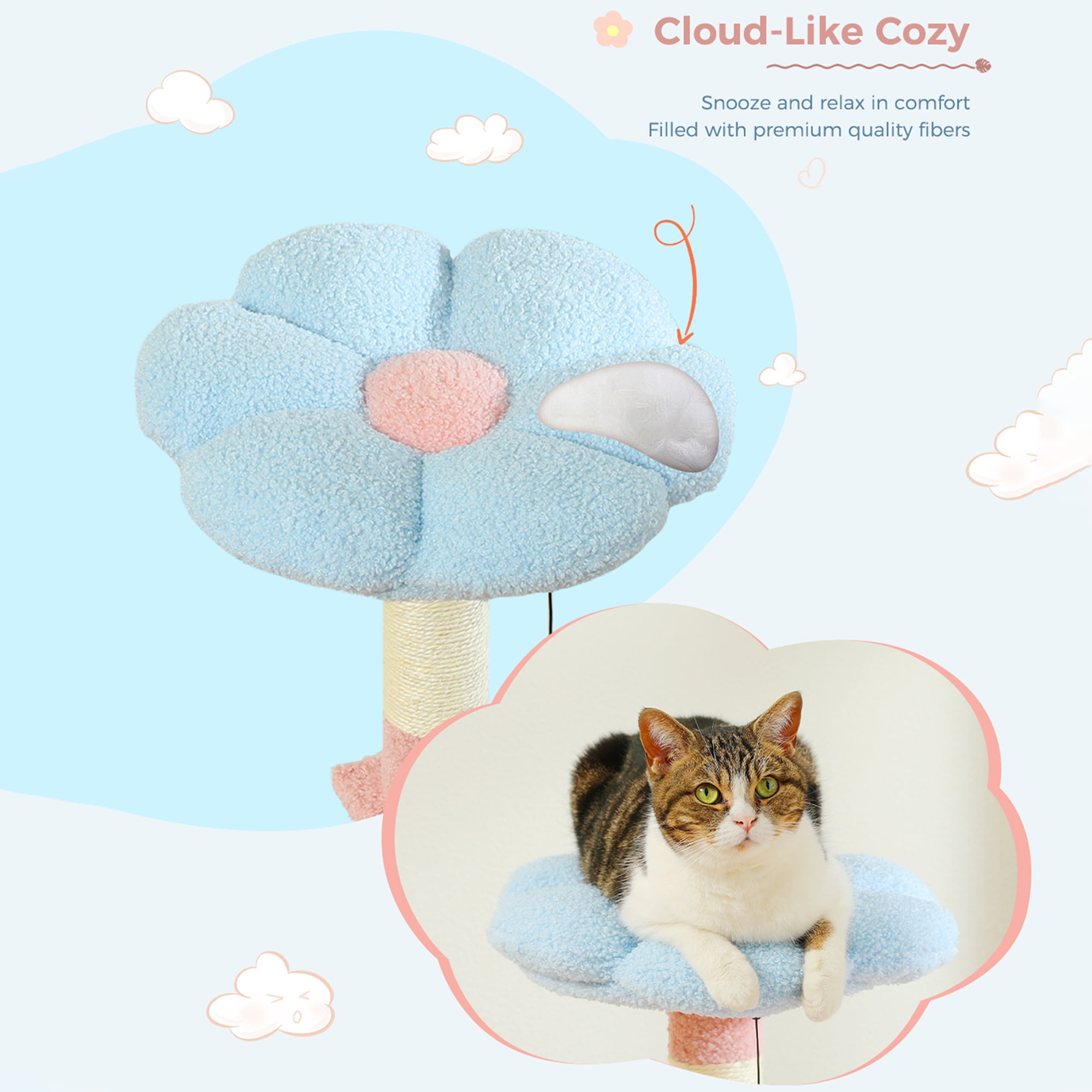 Kadyn 47" Flower Cat Tree Tower for Indoor Cats, Cat Condo with Pink Top Perch for Kittens, Cat Tree House with Sisal Scratching Posts, Blue