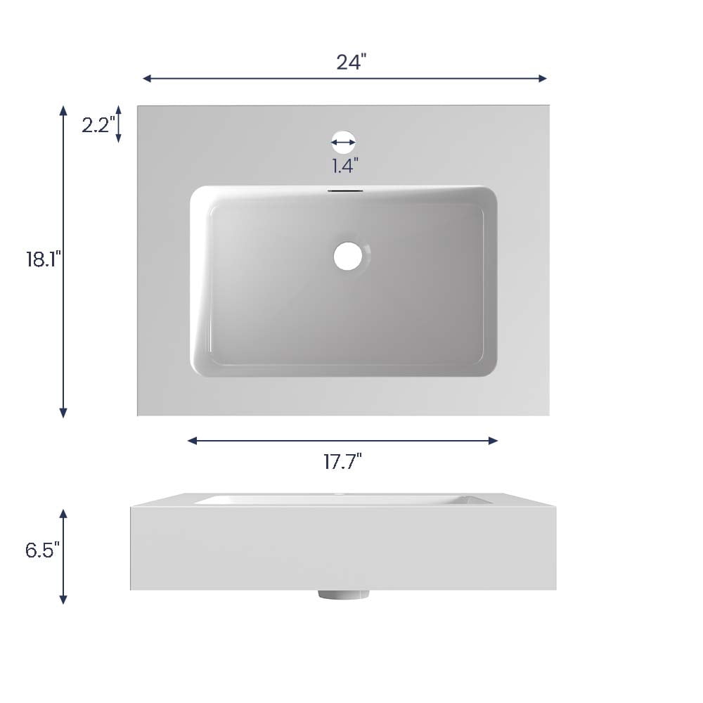 CITTANEO Glossy White Solid Surface Integrated Sink - Vessel Bathroom Vanity Basin Without Drain or Faucet - Seamless Non-Porous Design