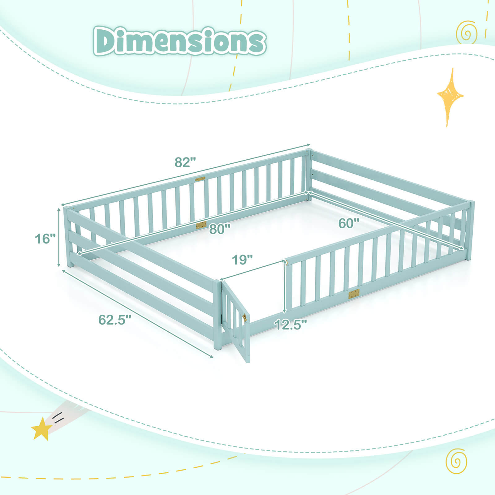 Costway Queen Size Floor Bed with Full Length Safety Guardrails & Door for Boys, Girls Icy Aqua