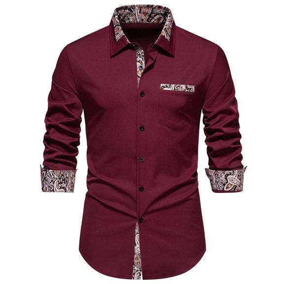 Lovskoo 2024 Long Sleeve Shirts for Men Casual Patchwork Button Turn-Down Collar Tops Blouse Shirt Claret-L