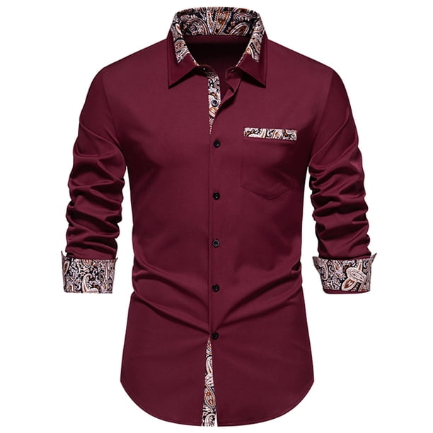 Blusa y camisa de manga larga con cuello vuelto para hombre, informal, con botones y retazos, de manga larga y cuello vuelto.