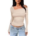 thumbnail image 2 of TANGNADE Women's One Off Shoulder Long Sleeve Top Ruched Going Out Tops Slim Fit Shirt Crop Sexy Blouse, Beige XL, 2 of 6