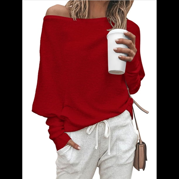 Suéter de Otoño para Mujer, Informal, de Larga Tipo Murciélago, Holgado, con Hombros Descubiertos, de Punto. Vino Tinto XXL