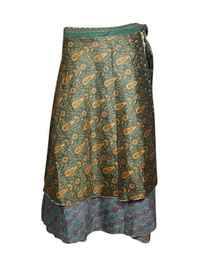 Mogul Women Wrap Skirt 2 Layer Indian Dark Green Orange Paisley Vintage Sari Skirt Beach Wear Reversible Wrap Around Skirts One Size