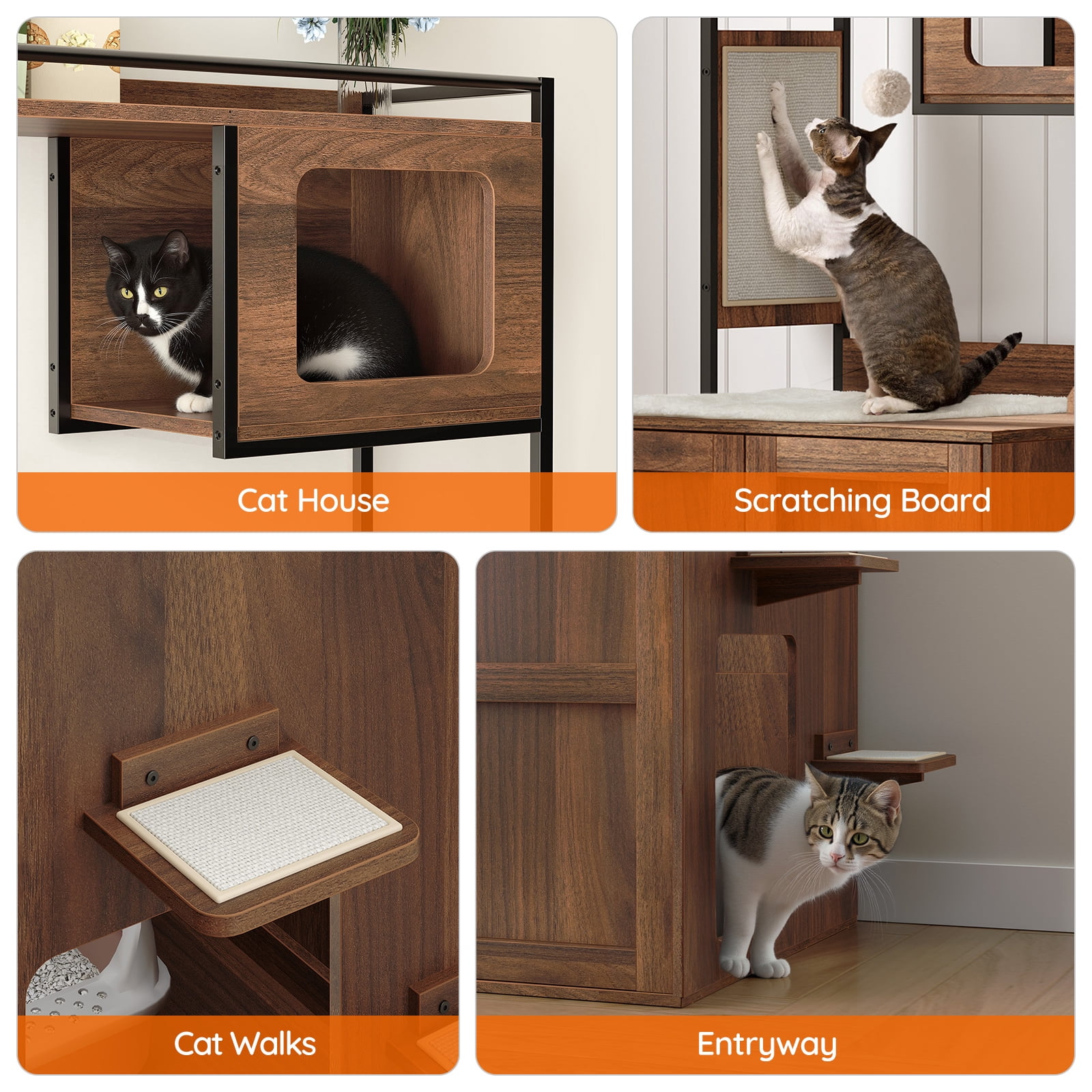 HOOBRO Cat Tree with Hidden Litter Box Enclosure & Scratching Mat, Walnut