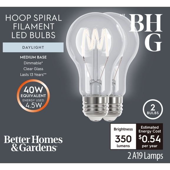 Better Homes & Gardens Vintage LED Light Bulb, A19, E26 Base, Dimmable, 4.5W, 40W Equivalent, Daylight 2-Pack