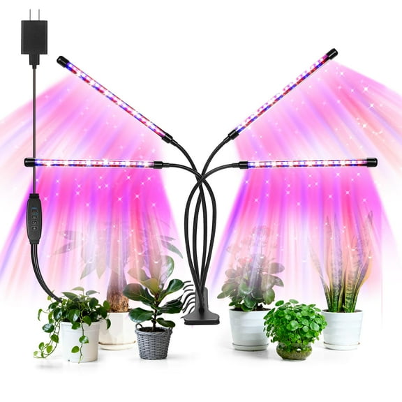 Led Grow Lights, 4 Heads Red Blue Plant Light with Clamp for Indoor Plants & Seed Starting, 10-Level Dimmable, Auto On Off, Timing 3 9 12Hrs