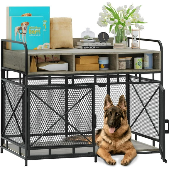 LEMBERI Dog Crate Furniture Large Breed,Wodeen Large Dog Kennel Indoor End Table,Heavy Duty Dog Crate,Decorative Pet Crate Dog Cage (Gray)