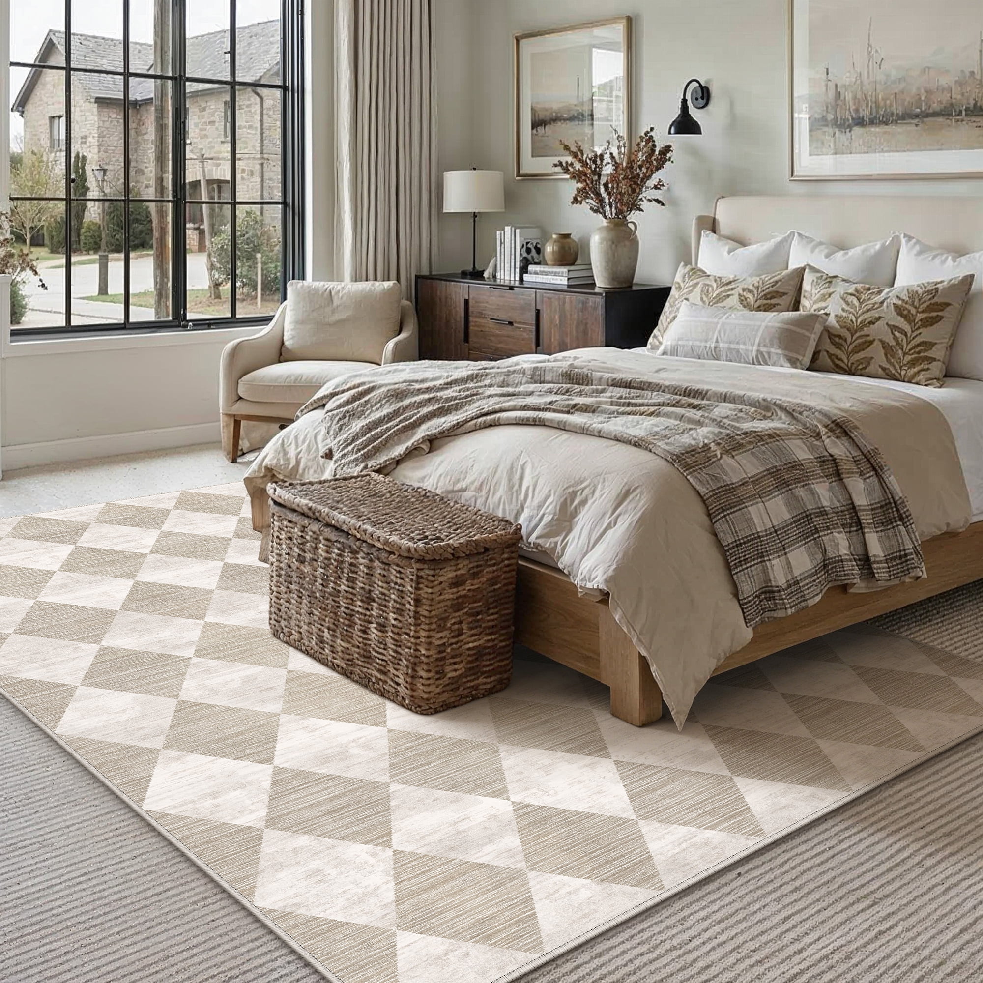 BERTHMEER 8'x10' Area Rugs for Living Room Modern Rhombus Checkered Rug Dining Room Bedroom Kitchen Non Slip Washable Farmhouse Office Geometric Contemporary Rugs Carpets,Beige