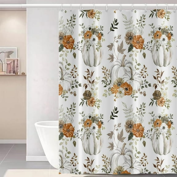 Fall Thanksgiving Shower Curtain for Bathroom 72x72inches Autumn Orange White Flowers Shower Curtain Set with Hooks Harvest Pumpkins Leaves Waterproof Fabric Home Decor Shower Curtains