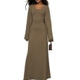 thumbnail image 2 of Wedding Guest Dress for Women Long Sleeve Bodycon Ribbed Knit Maxi Dress Fall Formal Dresses Khaki S, 2 of 9