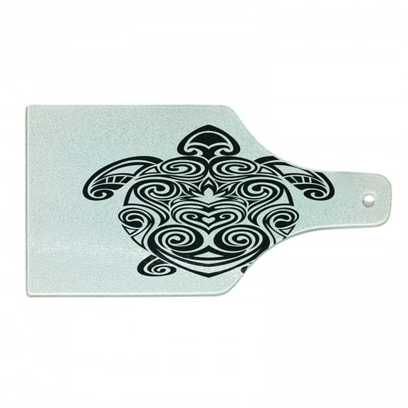 Black and White Cutting Board, Monochrome Turtle with Blooming Lotus and Swirls Maori Culture Motifs, Tempered Glass Cutting and Serving Board, Wine Bottle Shape, Black and White, by Ambesonne