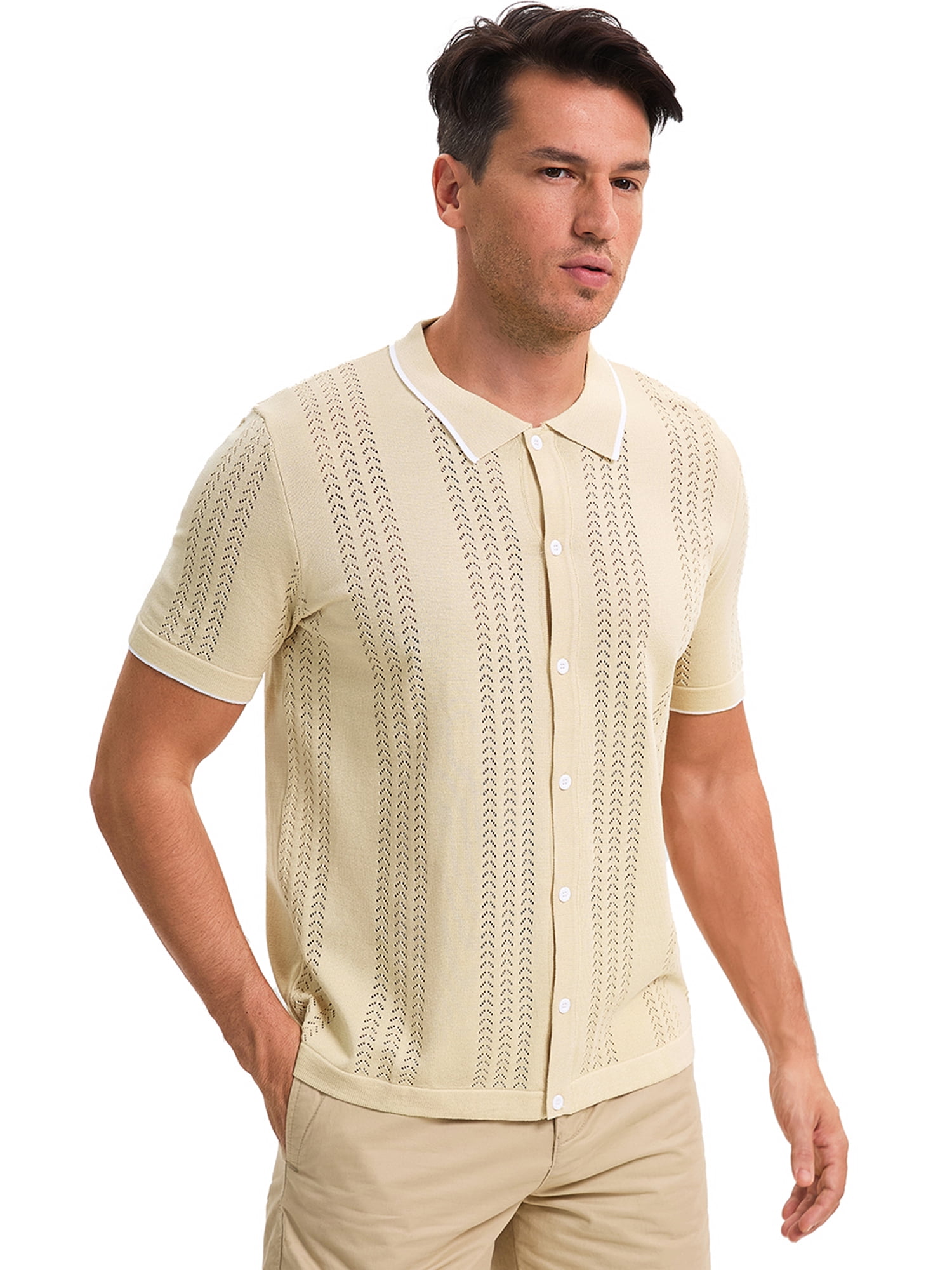 DARING DIVA Men's Knit Button Down Casual Vintage Short Sleeve Polo Shirt XL khaki